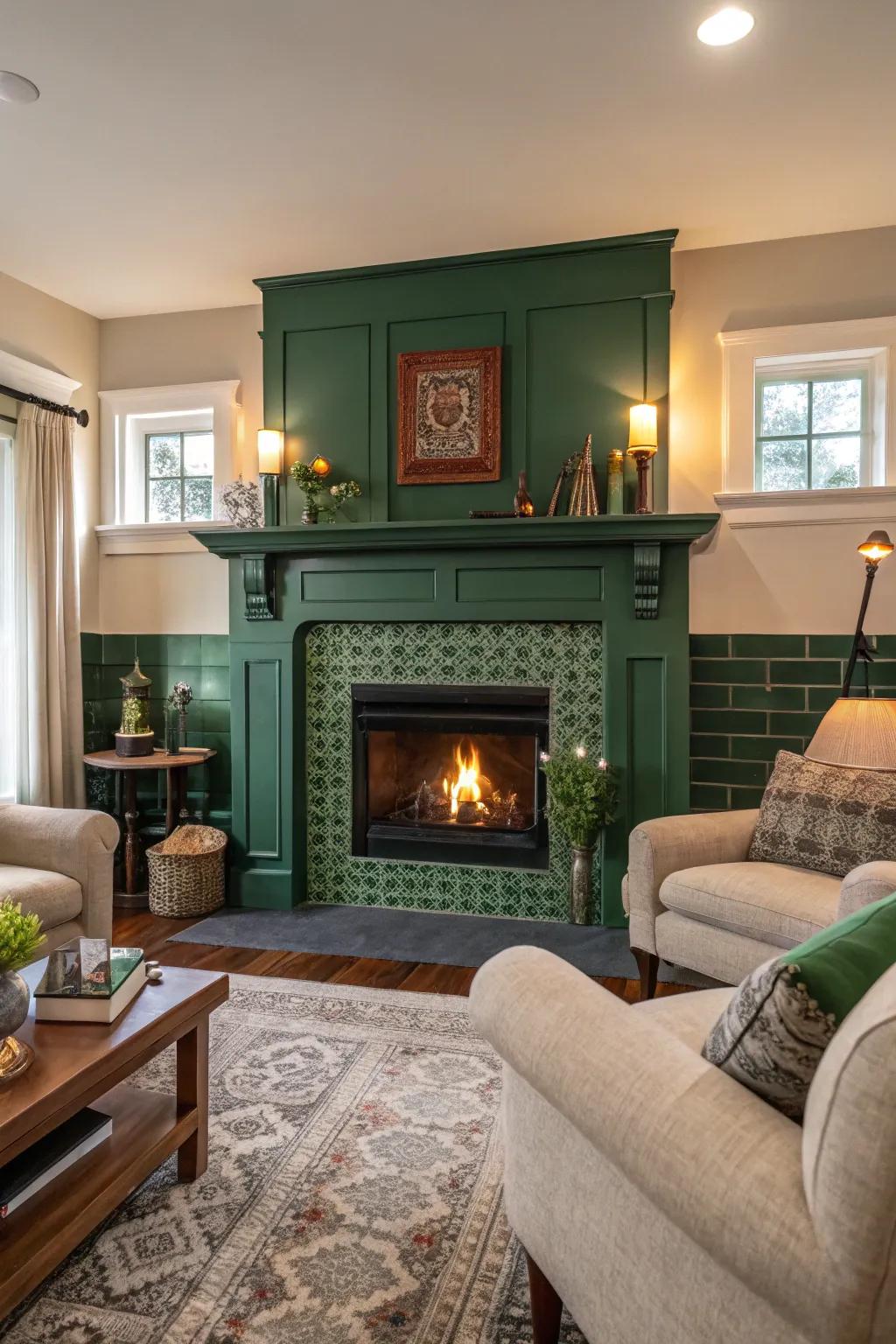 Forest vibrancy fireplace as a snug focal attraction.