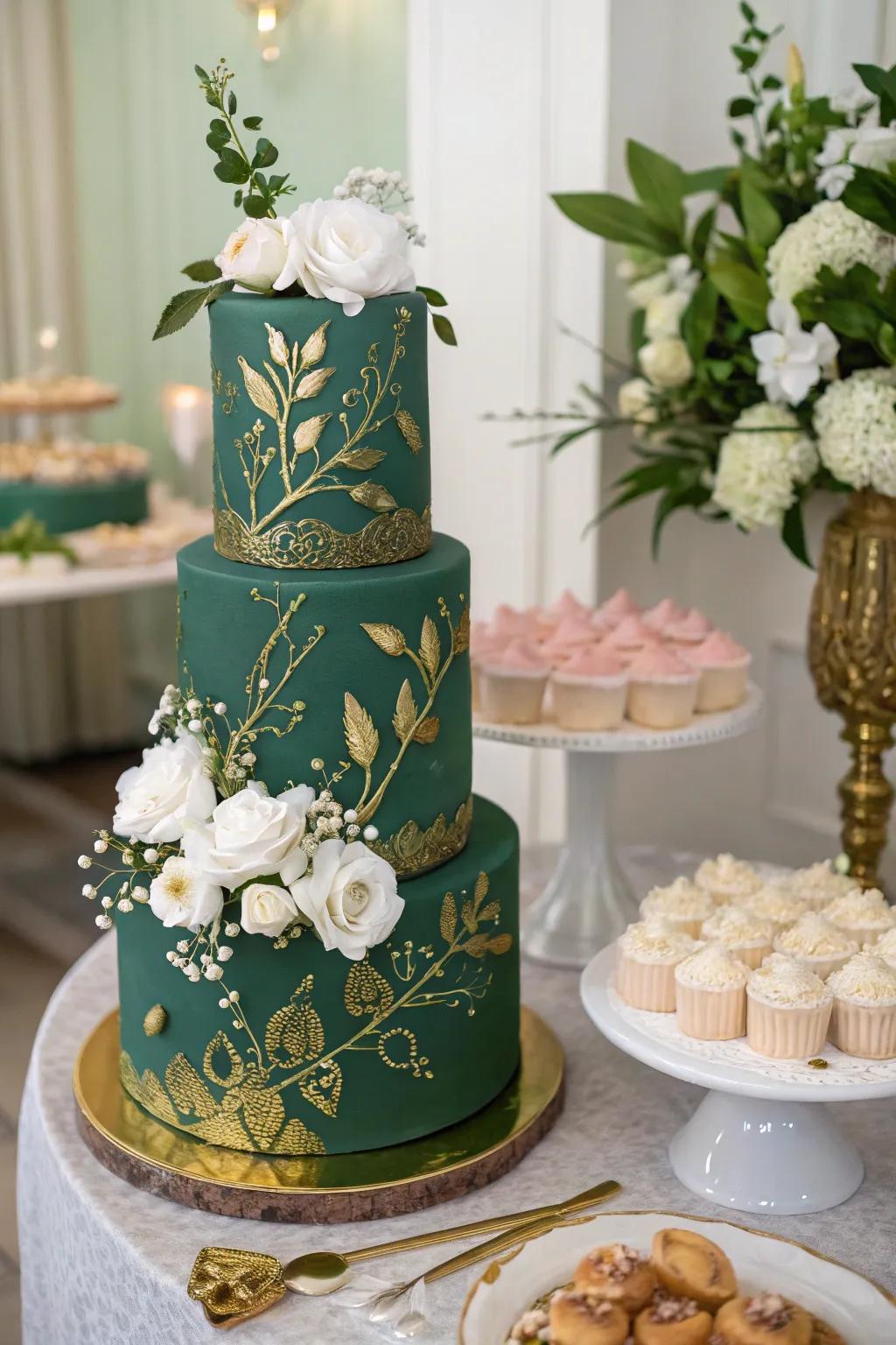 A stunning teal wedding cake with silver accents.