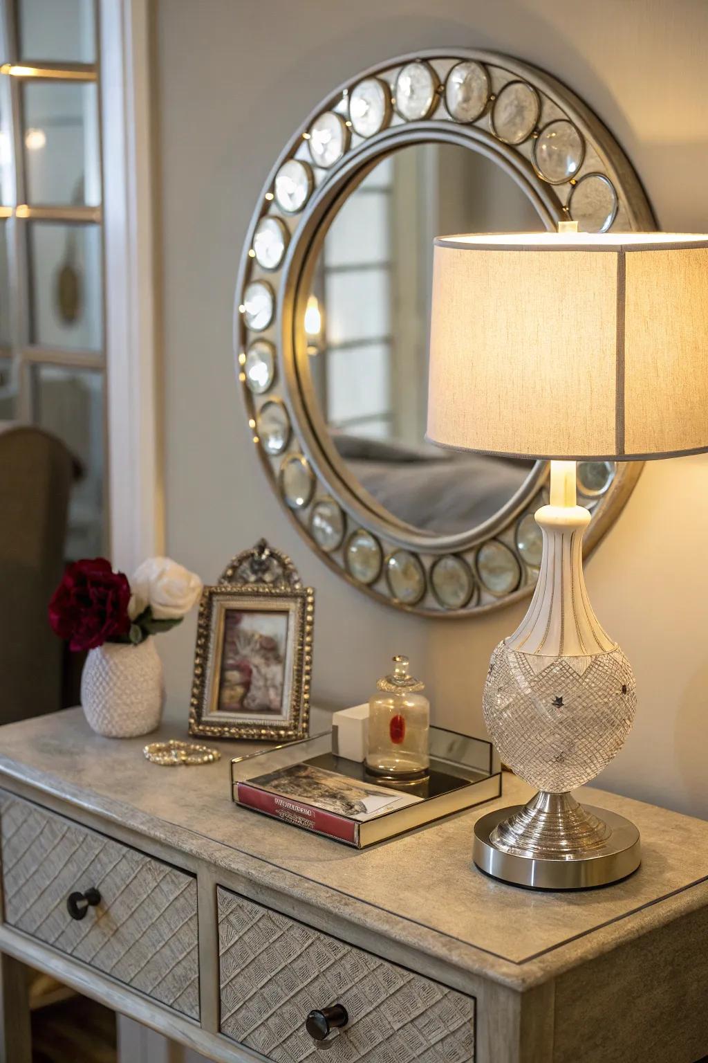 A decorative looking glass adding depth and light to a side table.