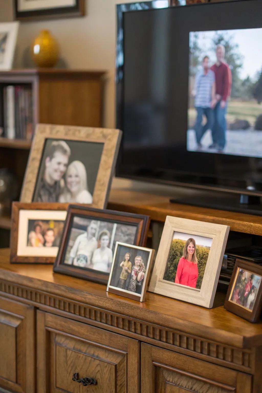 An assortment of family snapshots infuses a tailored element into this entertainment space.