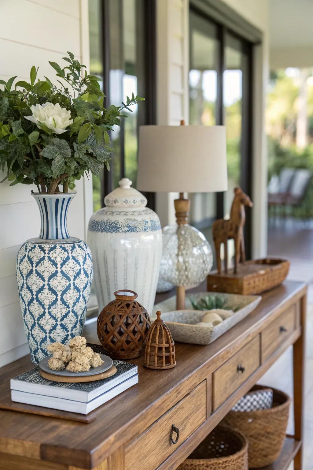 Intermix substances for an eclectic, cohesive entrance showcase.