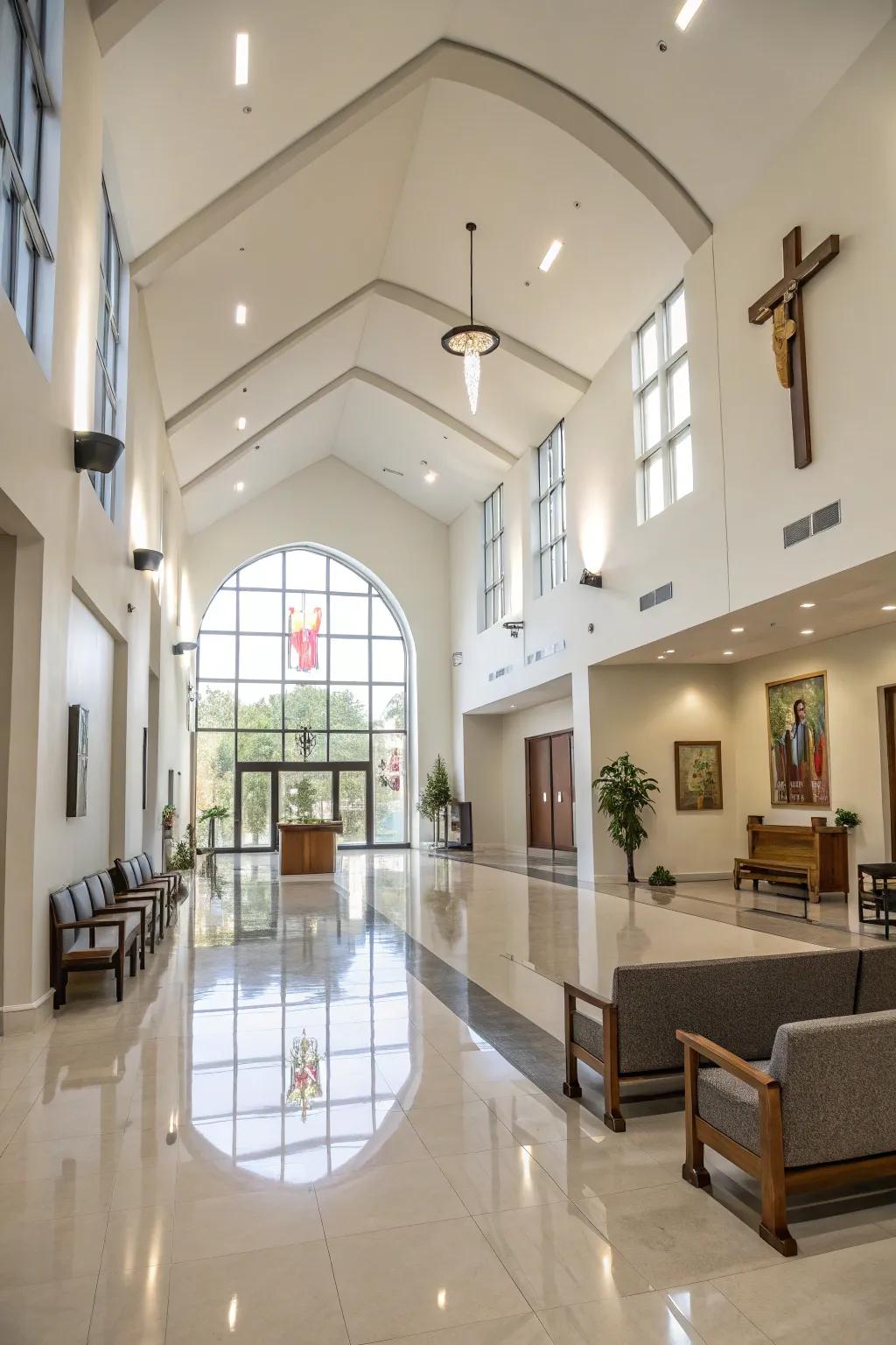A modern, tidy layout in the church foyer respects tradition while maintaining a fresh feel.
