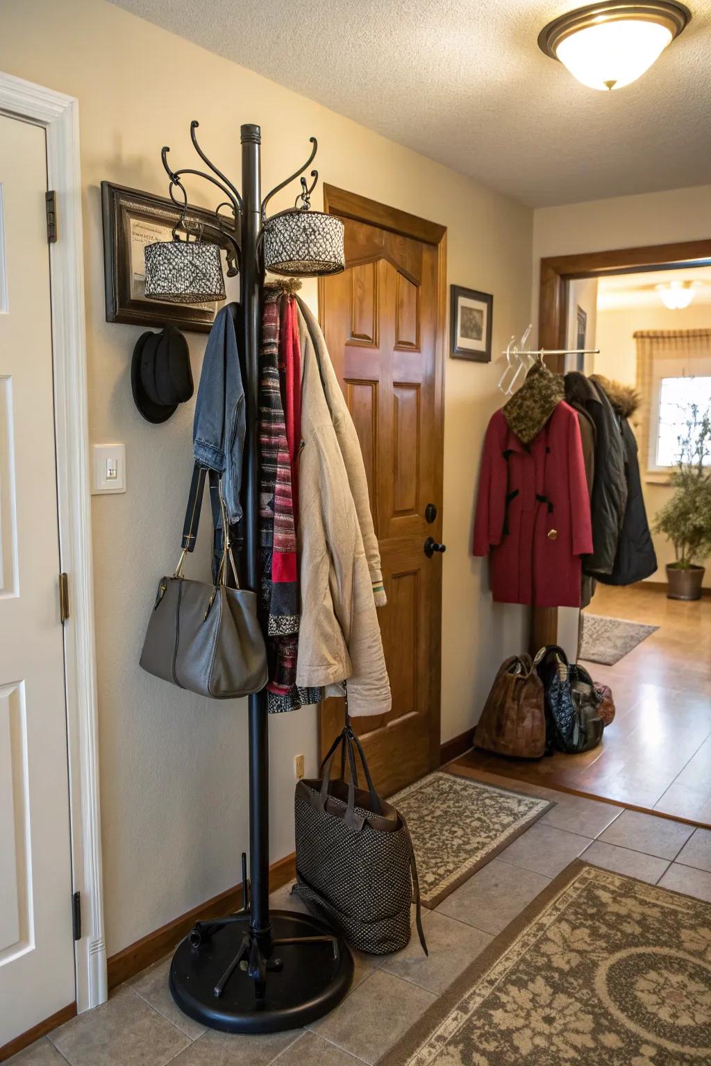 A coat stand that turns around saves space and works well.