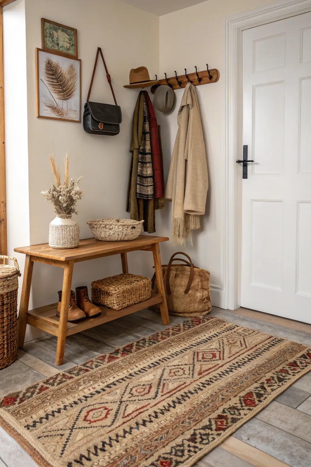 Layering patterns crafts a rich and inviting entryway.