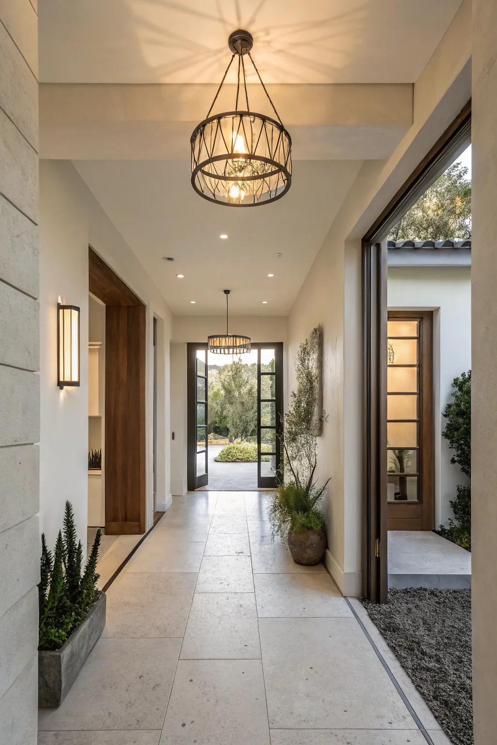A minimalist entryway that features a simple lighting fixture to cultivate an open and airy sensation.