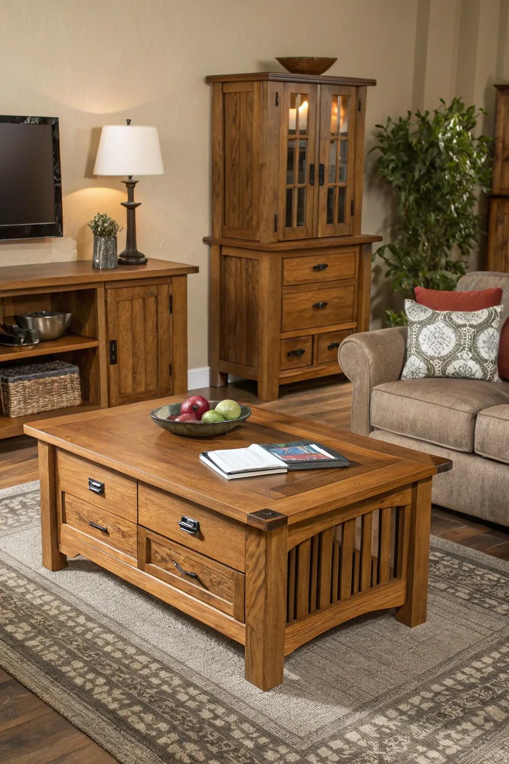 Wooden shades impart warmth to this European-style living area.