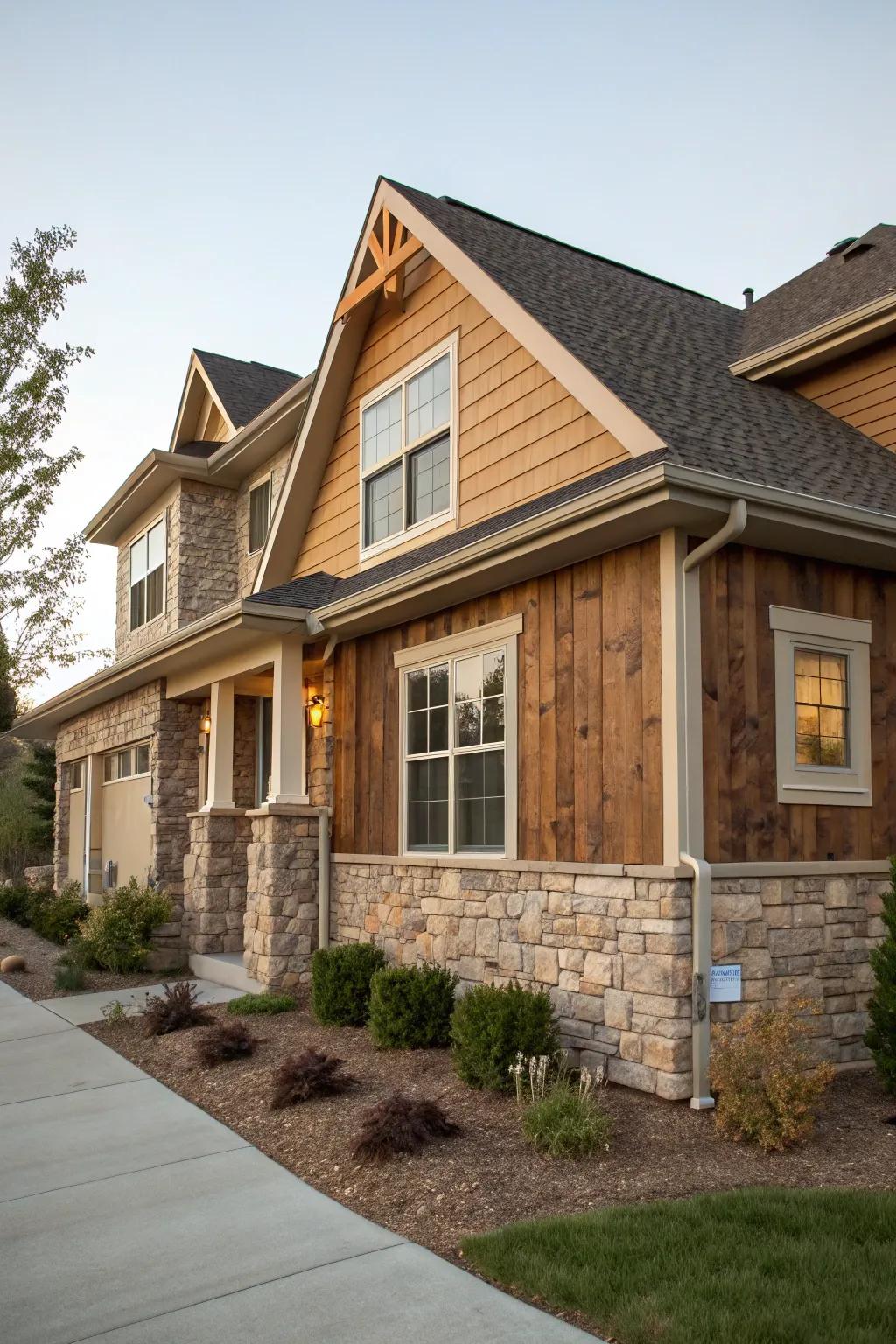 A house exterior showcasing a blend of stone and wood siding.