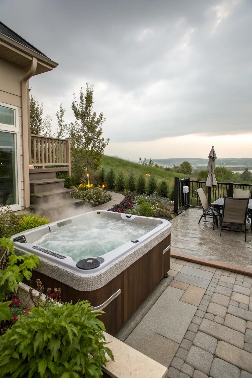A high-end hot tub offers relaxation just outside an exit basement.