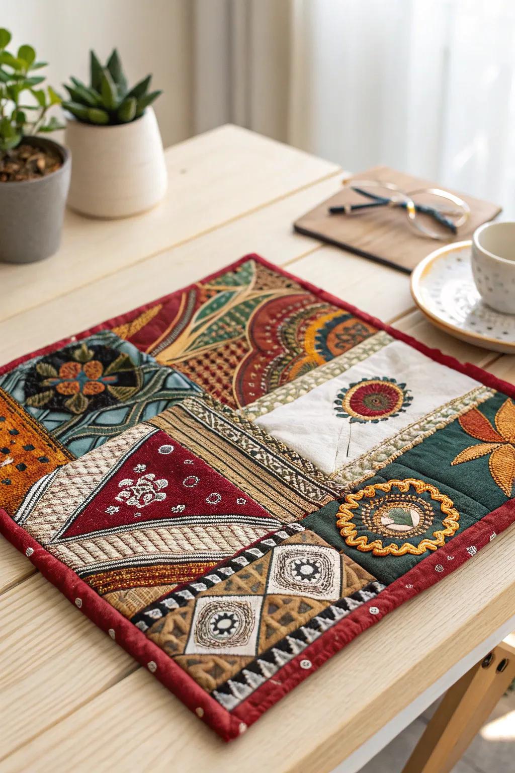 Craft a story of cultural beauty with a one-of-a-kind fabric collage, where history meets artistry.