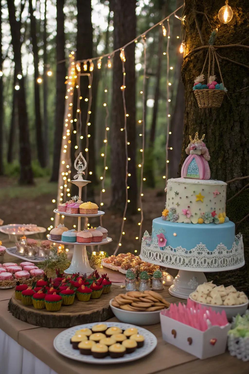 A delightful dessert station, displaying an array of fairytale-themed sweets.