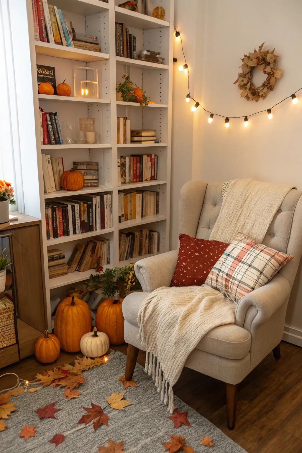 A book nook with fall decor provides a cozy reading space.