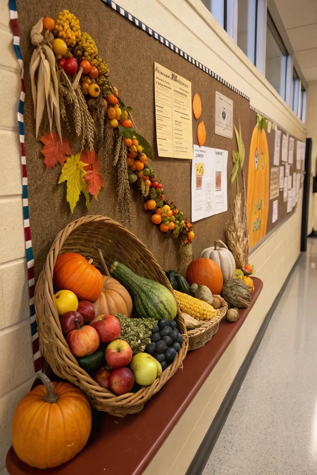 A vibrant thanksgiving display overflowing with autumnal harvest.