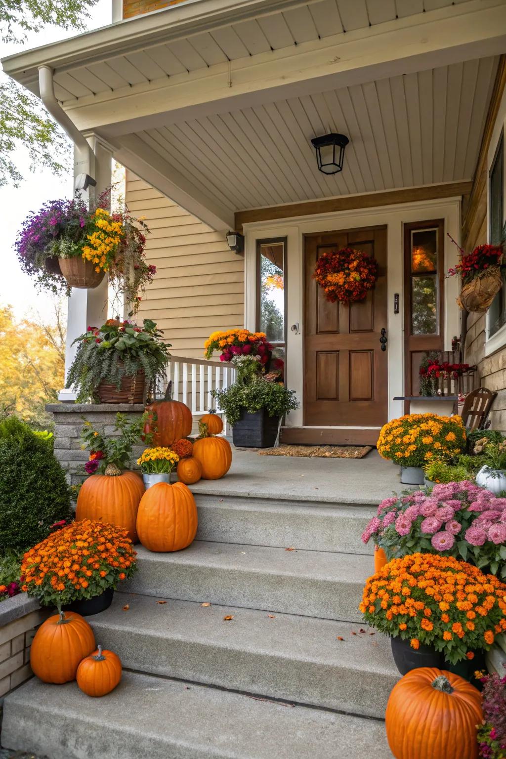A harmonious mix of gourds and blossoms crafts a striking fall exhibit.