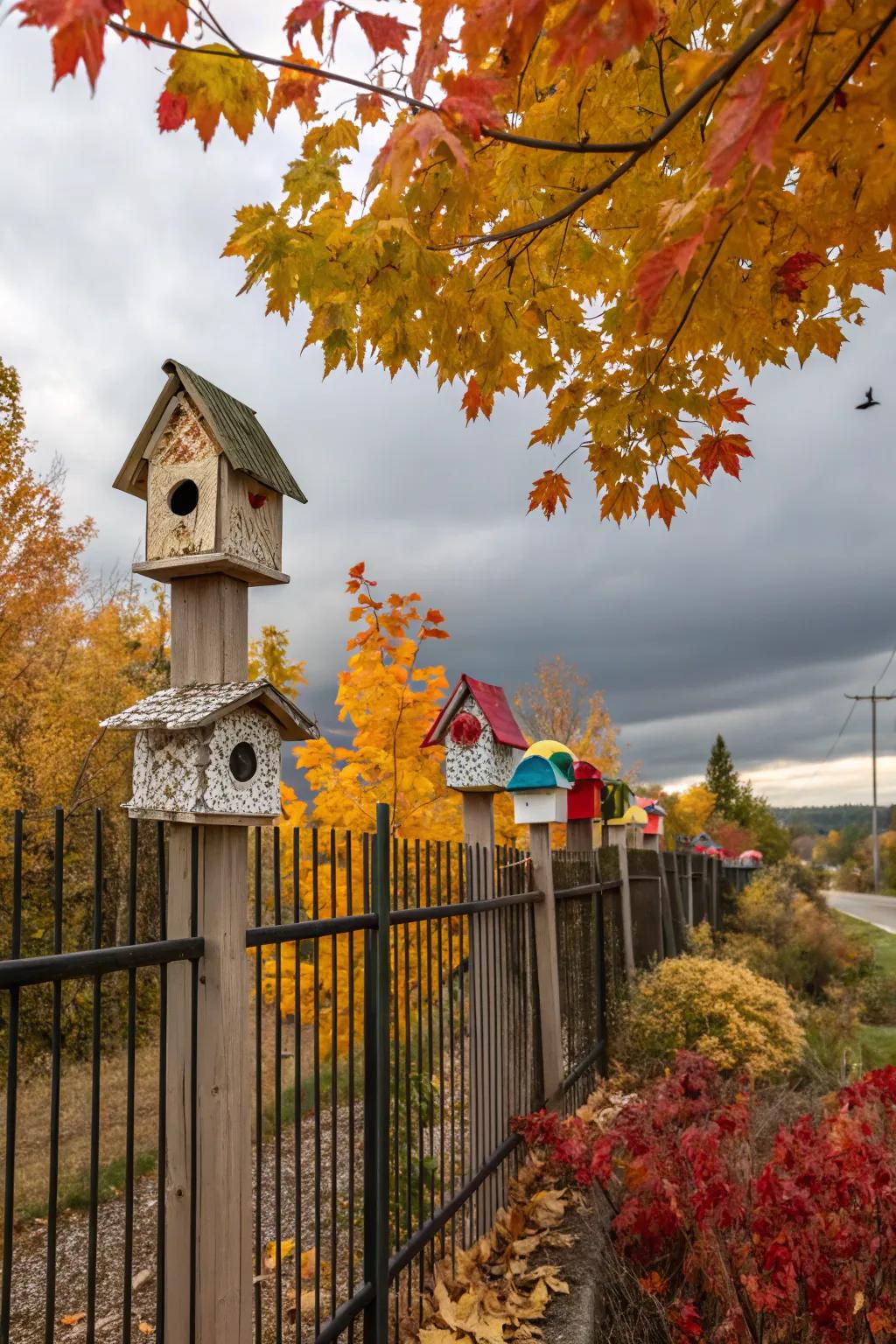 Ornamental birdhouses inject a whimsical element into the fence.
