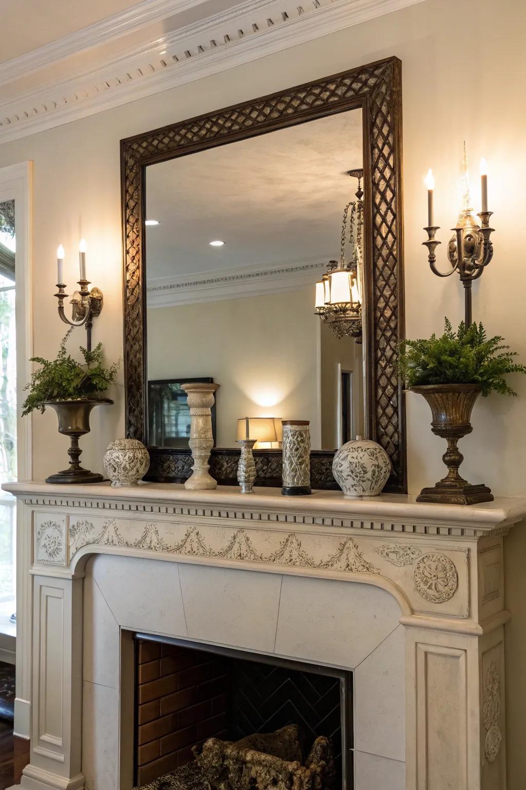 An autumnal fireplace with a looking glass imparting dimension and luminescence.