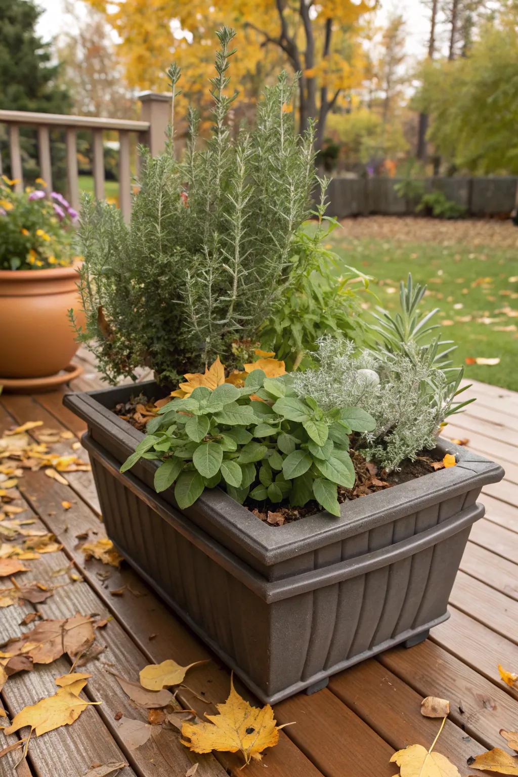Spices add a scented and culinary aspect to your autumn planters.