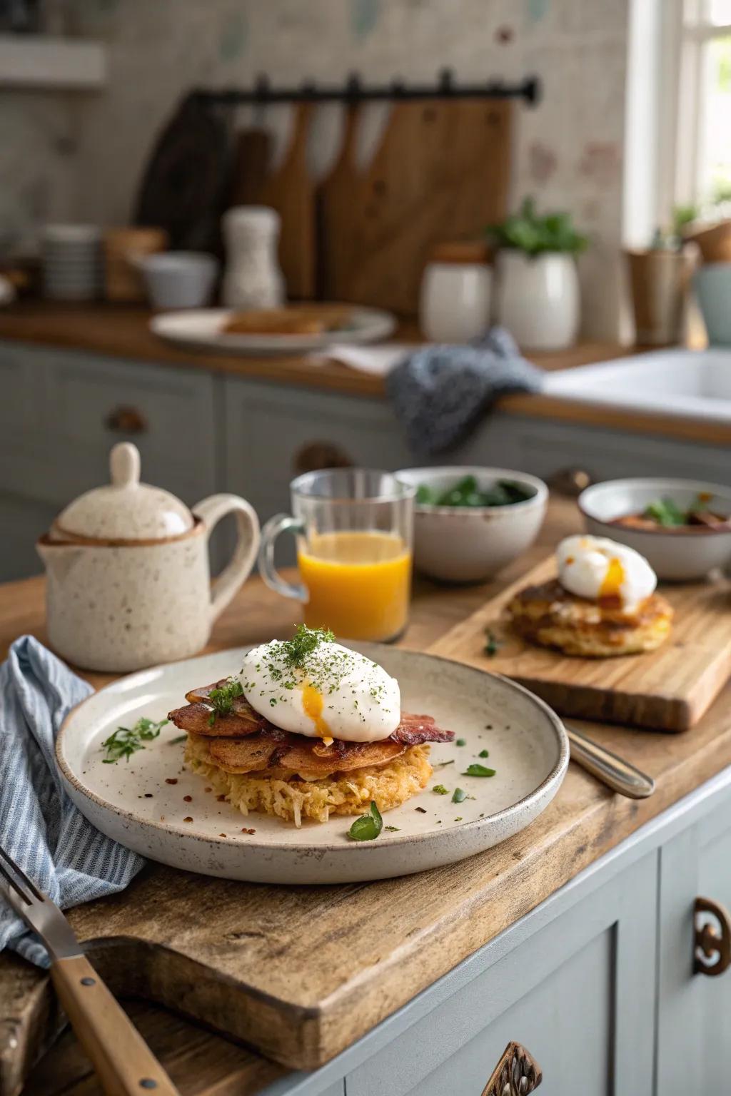 Eggs served on potato pancakes make a tempting texture blend.