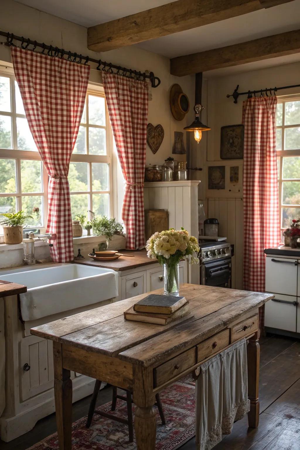 Charming cornices appending grace to a countryside cookhouse with vintage accents.