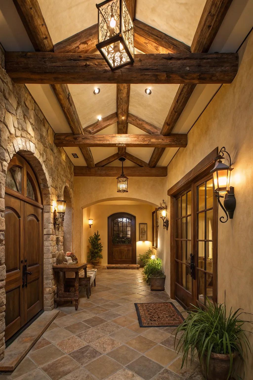 A farmhouse entryway enhanced by the presence of overhead beams.