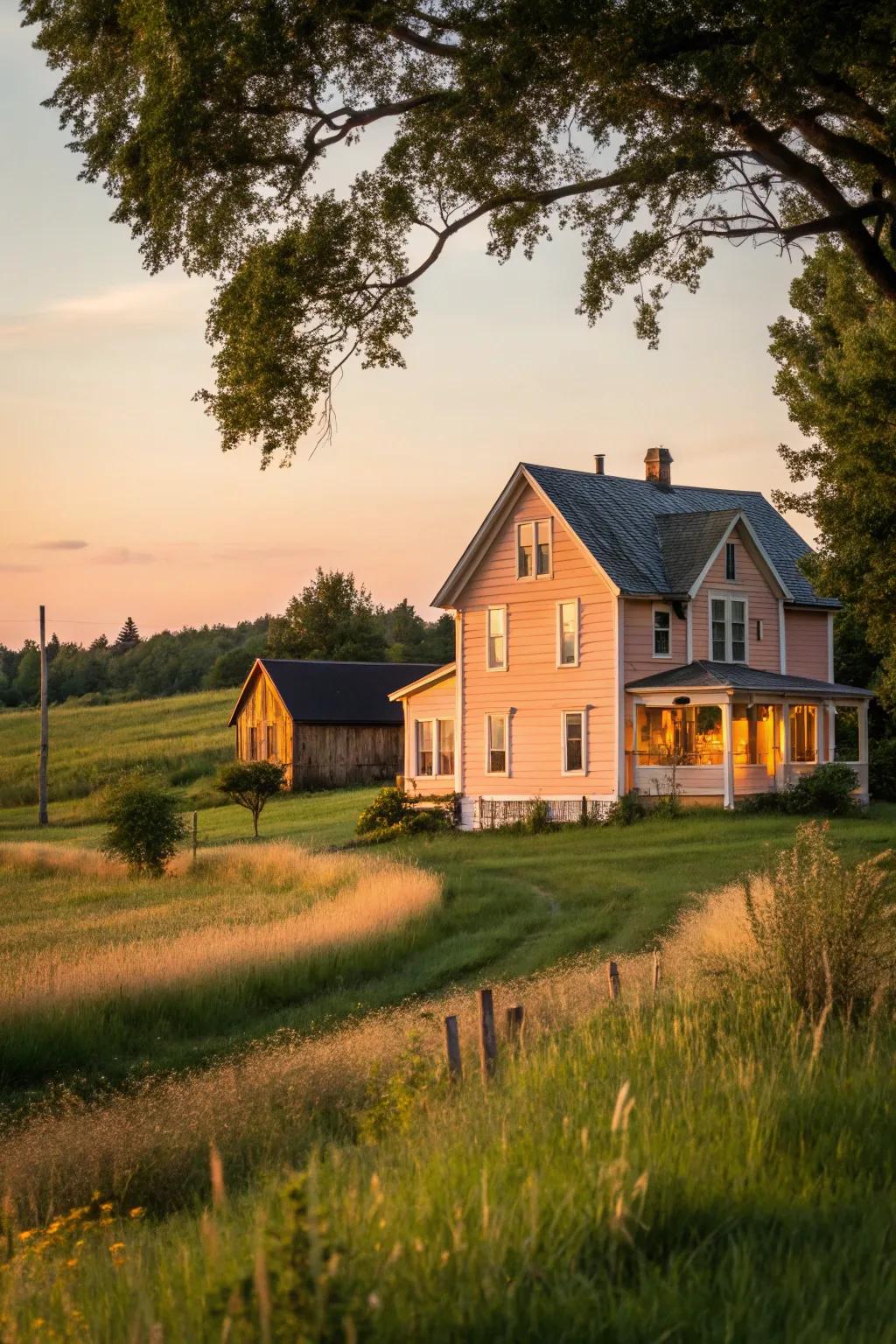 A peach façade offers warmth and charm to this farmhouse.