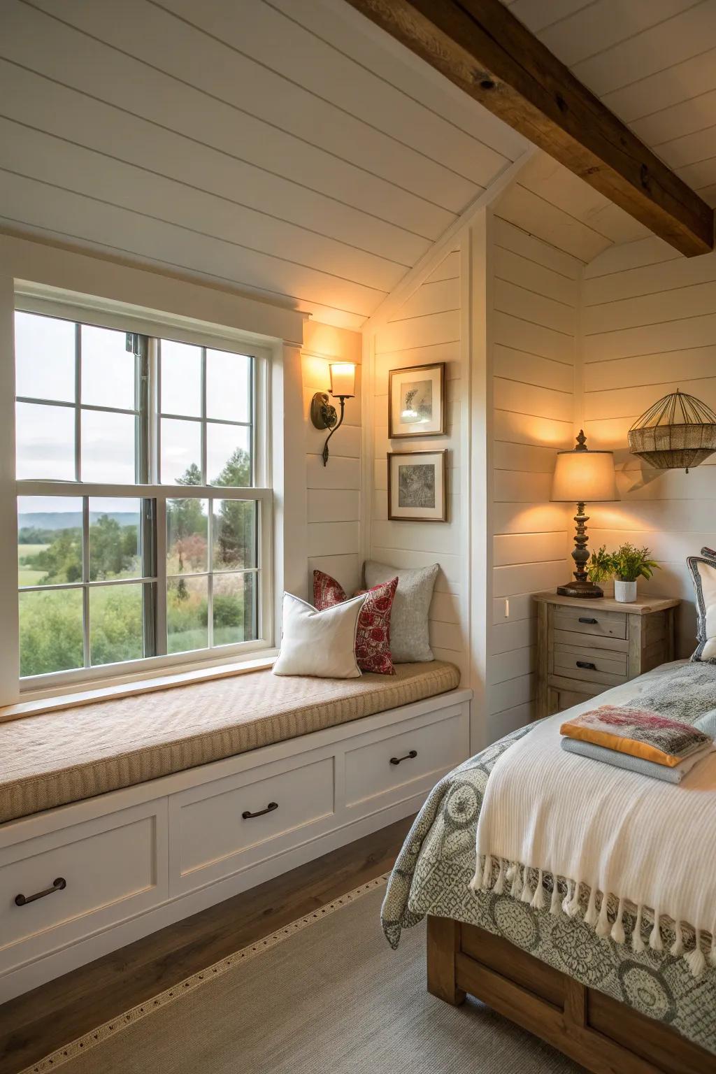 A window seat offers a cozy nook for relaxation.