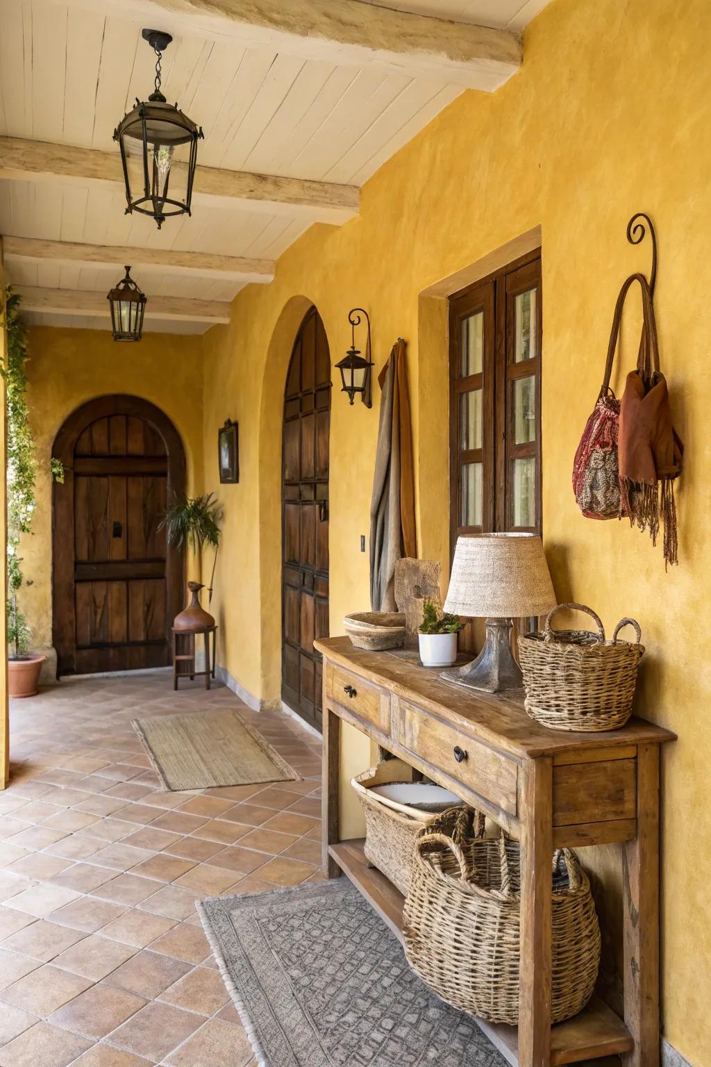 Walls in radiant yellow cultivate a sunny, welcoming entranceway.