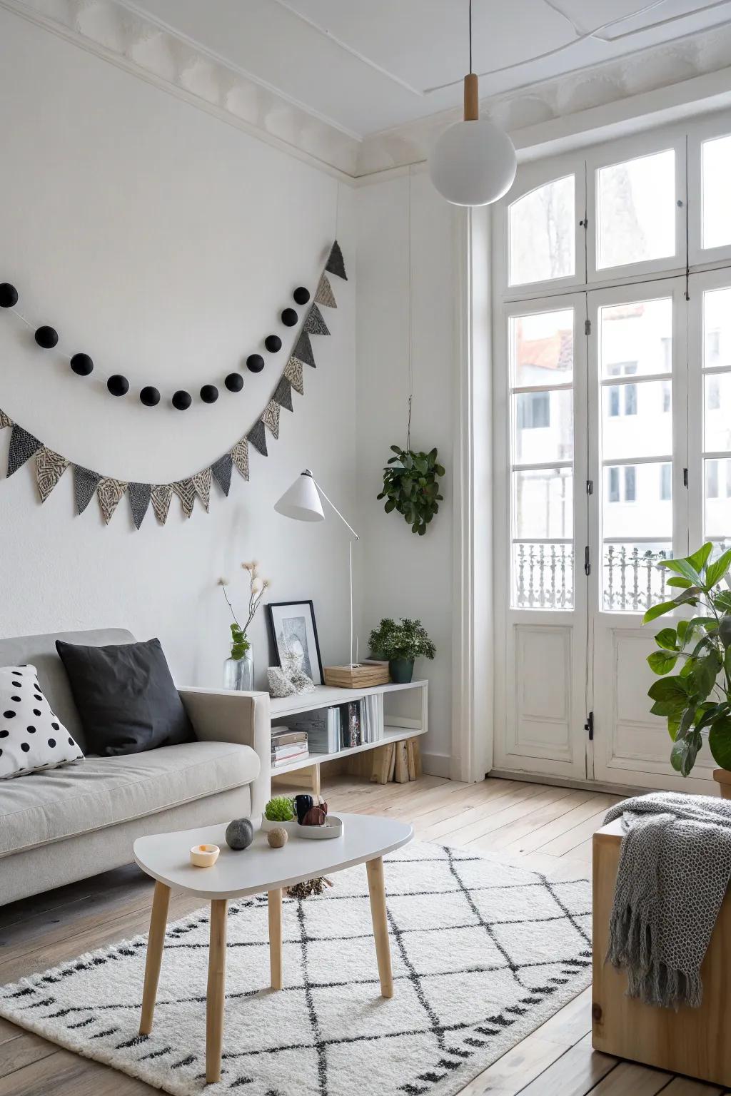Monochrome felt garlands accentuate the simplicity and elegance of Scandi interiors.