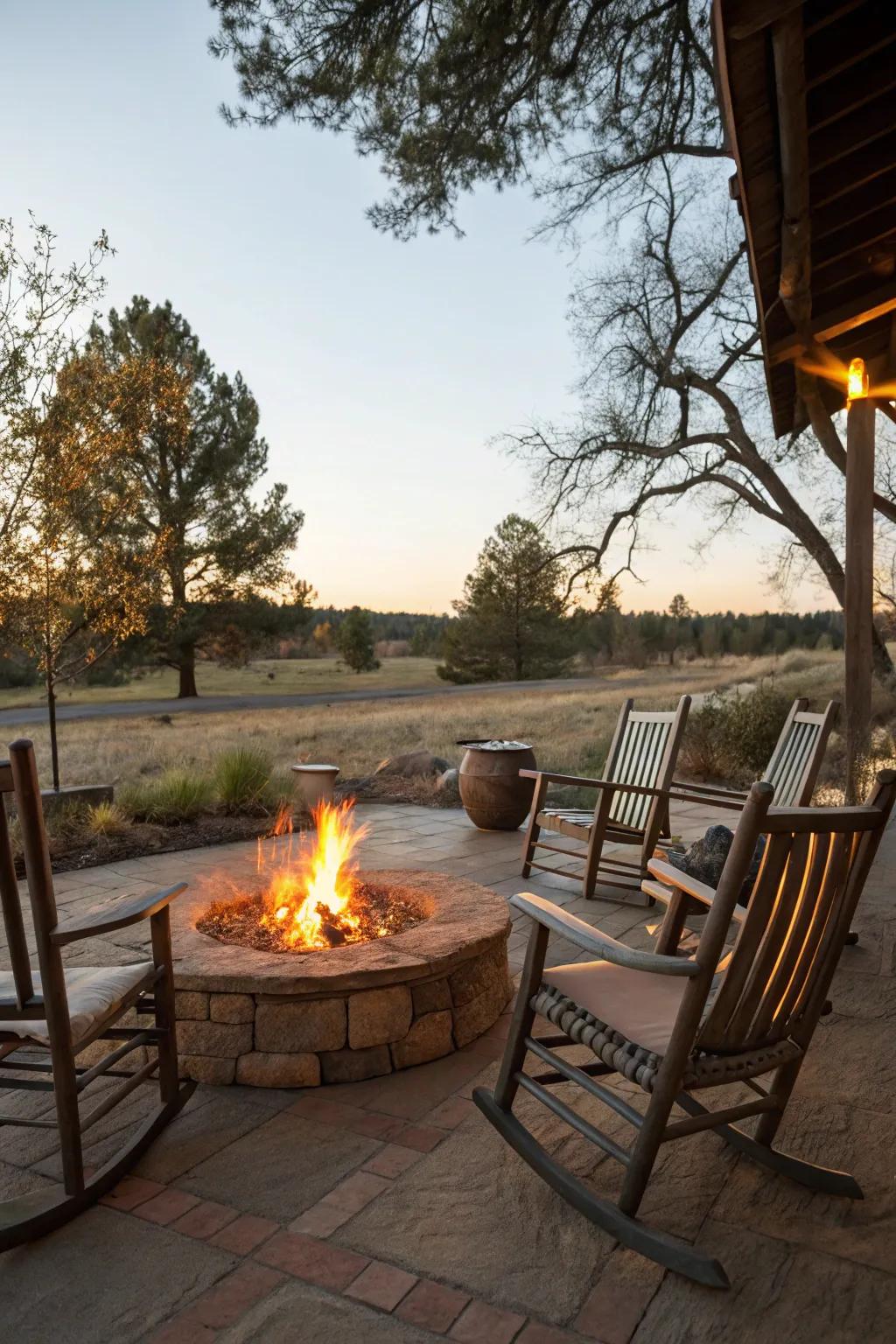 Classic rocking seats add nostalgic charm to the fire pit space.