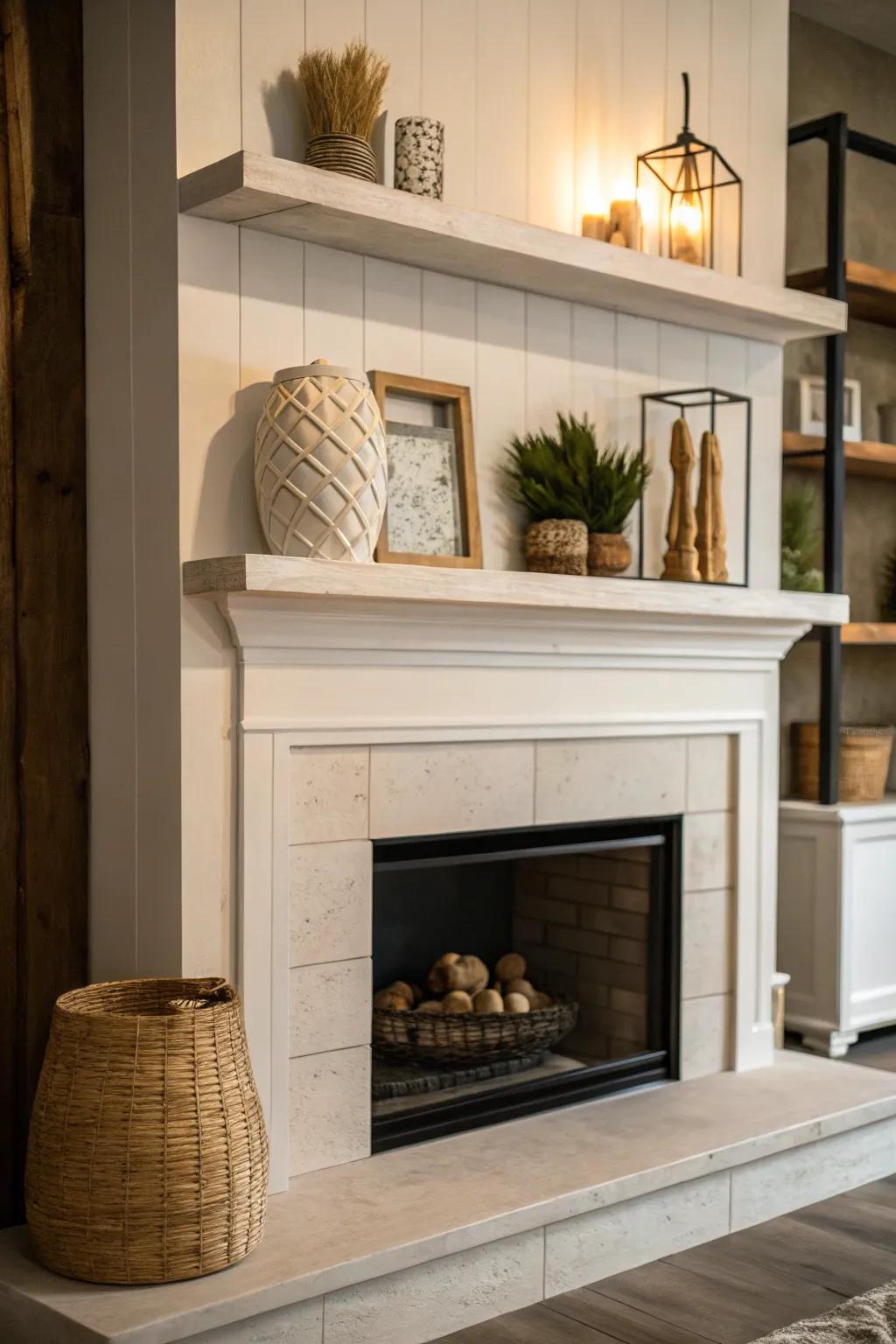 Levitating racks offer a sleek, contemporary appearance around the fireplace.