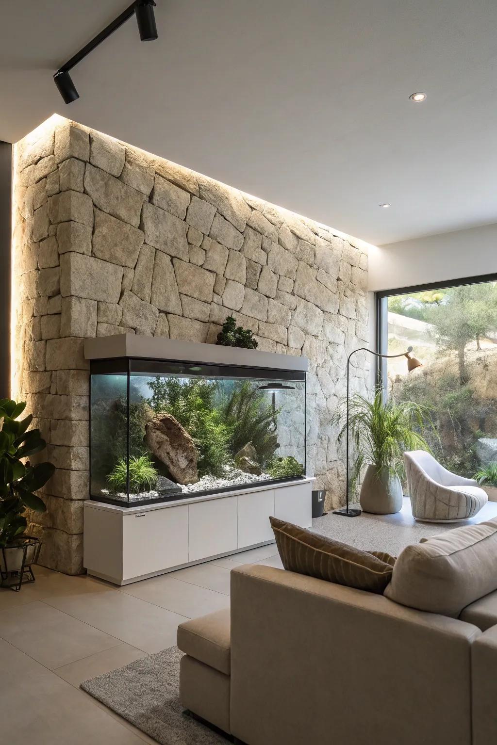Enhance your space using a raw stone partition.