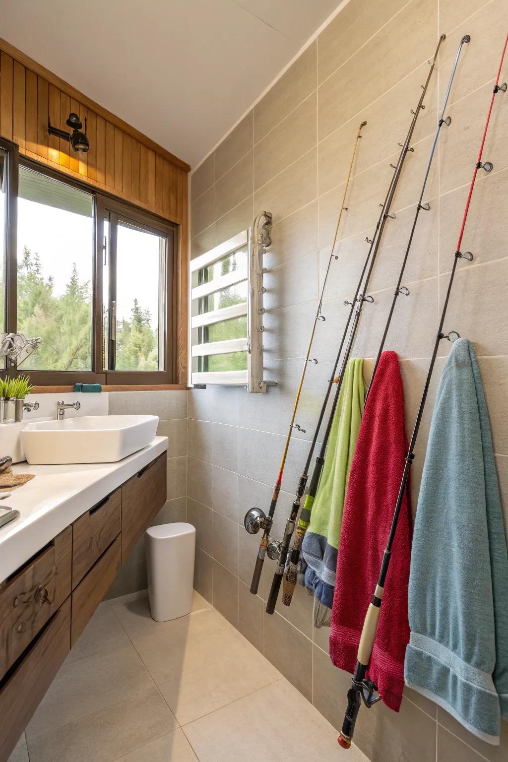 Angling tools offer a seaside element to lavatory decor.