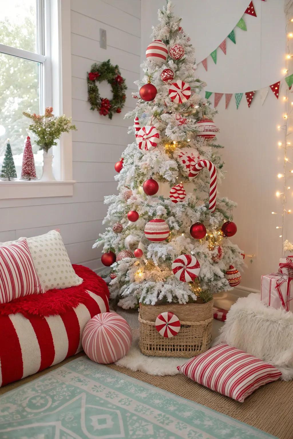 A mint paradise-themed flocked Christmas tree.