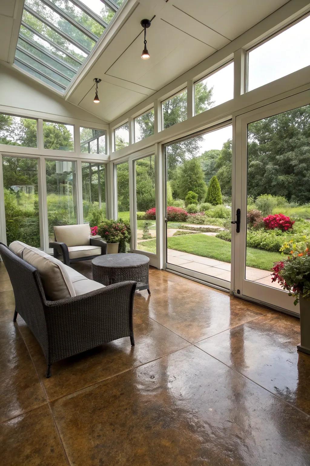 Modern sunroom featuring colored ground flooring.