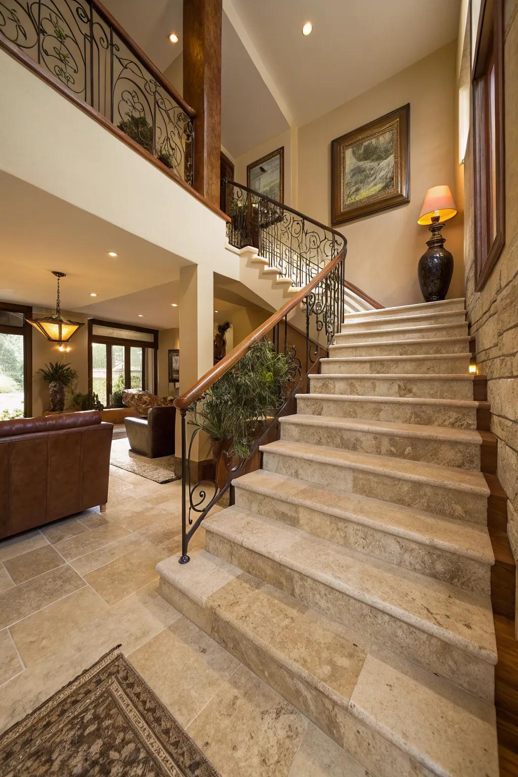 Stone steps introduce a sumptuous and resilient component to staircase design.