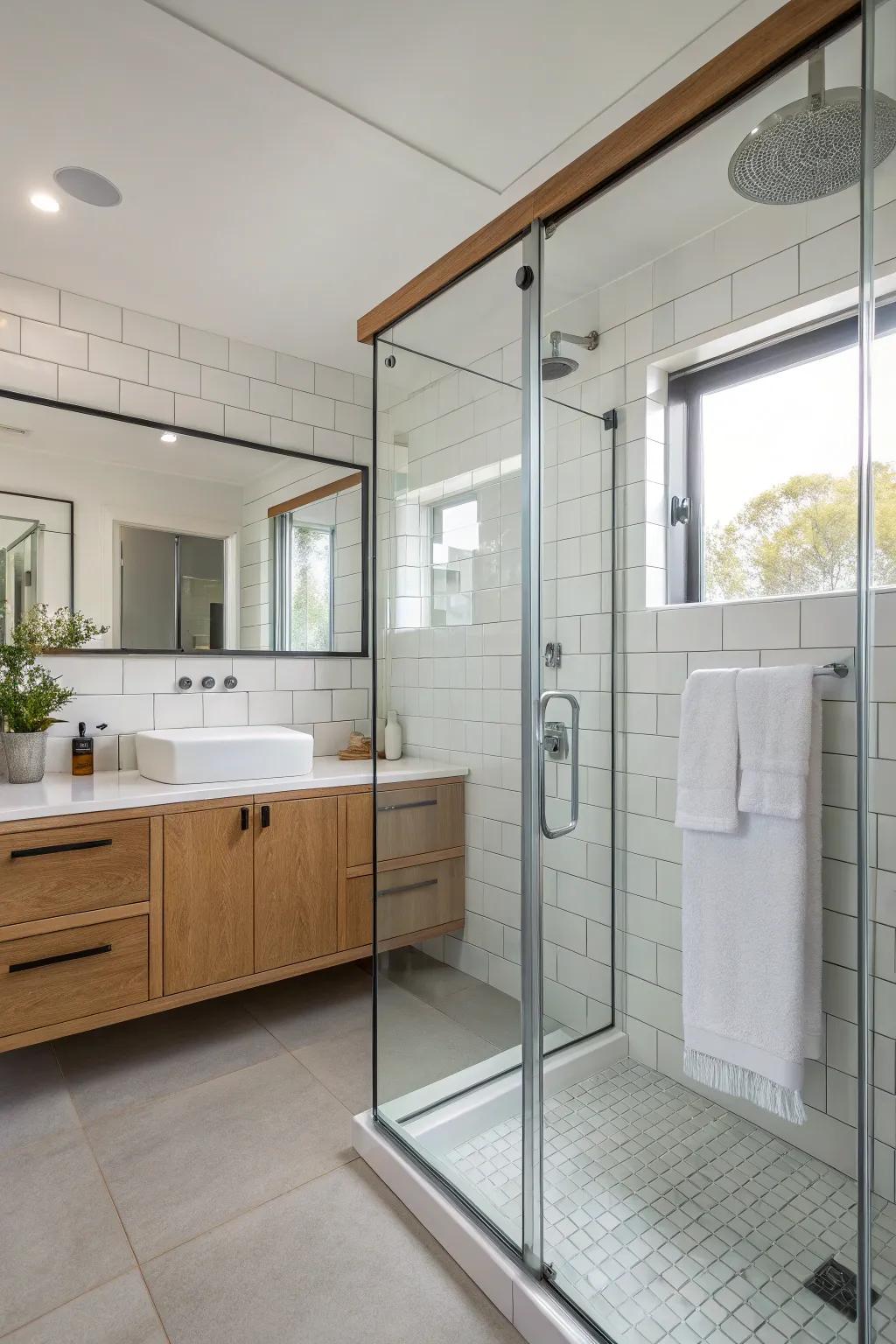 Glass shower stalls sustain an open and modern design.