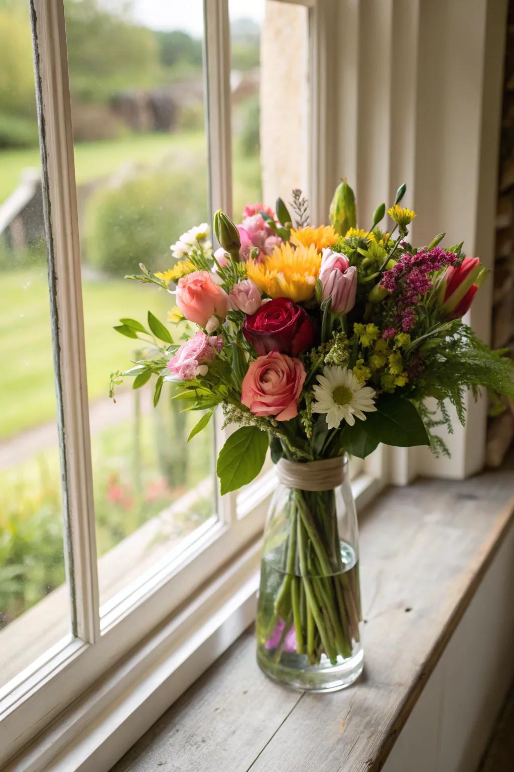 An eco-conscious arrangement displaying sustainability and charm on a ledge.