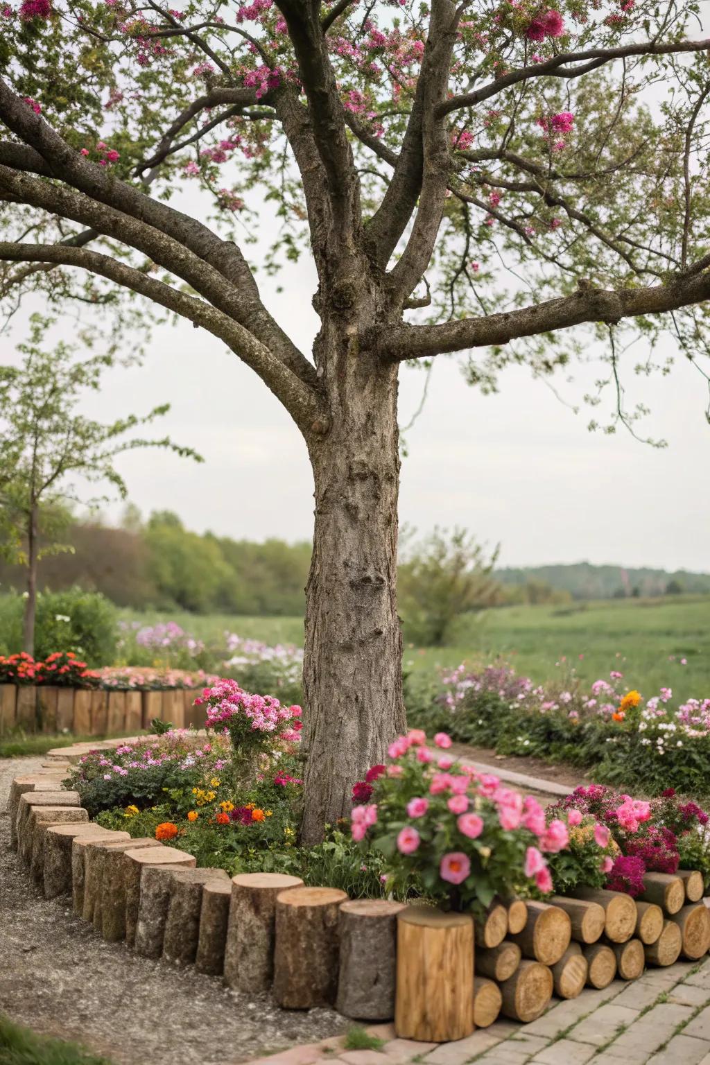 Nature-inspired timber constructs a delightful boundary for this tree's flower bed.