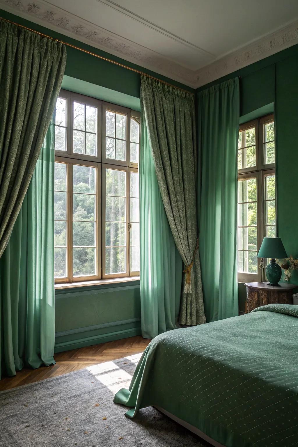 Layered window hangings introduce gentleness and light management to a green sleeping quarters.