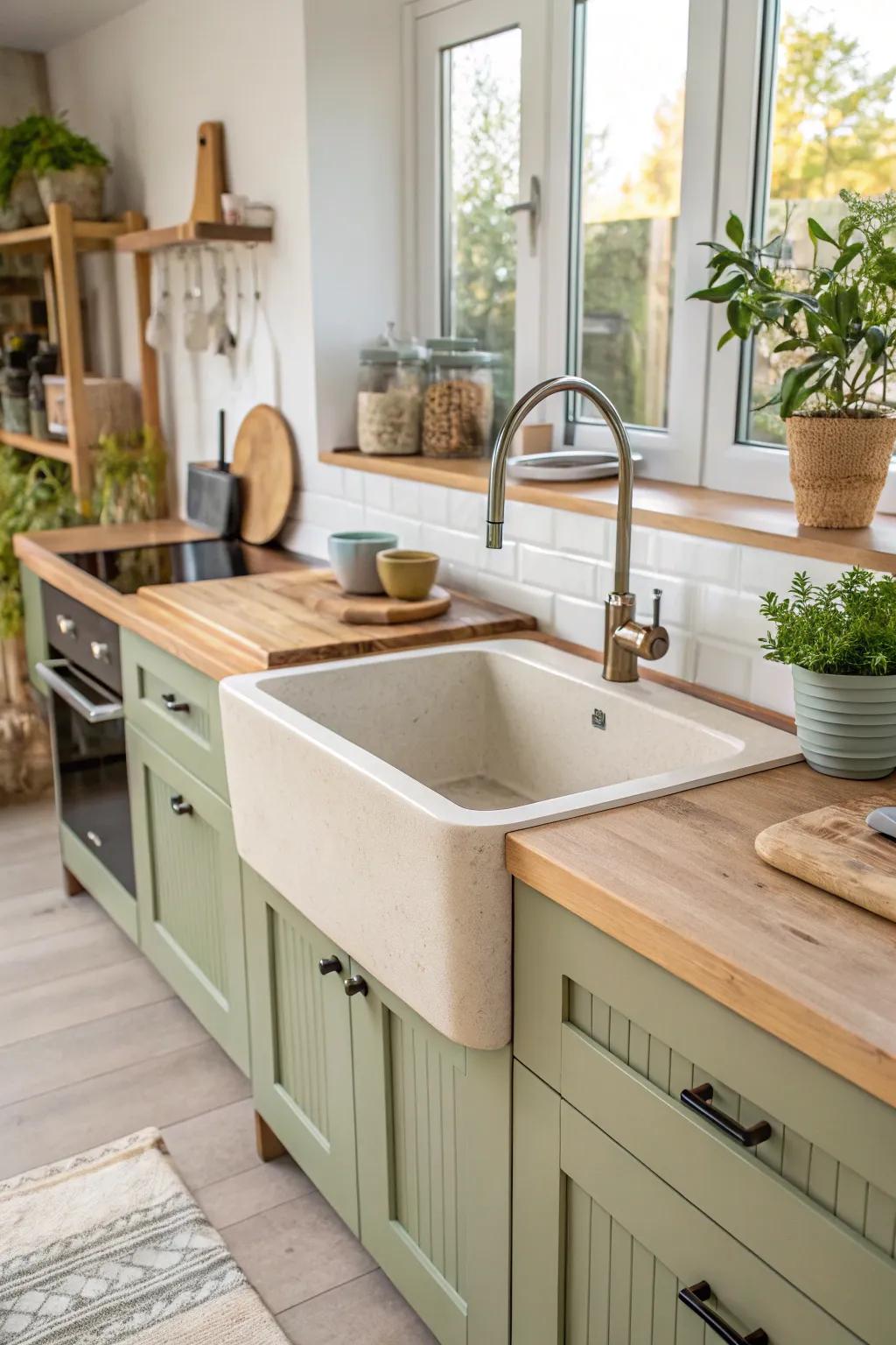 An eco-friendly kitchen area including a sustainably made independent sink.