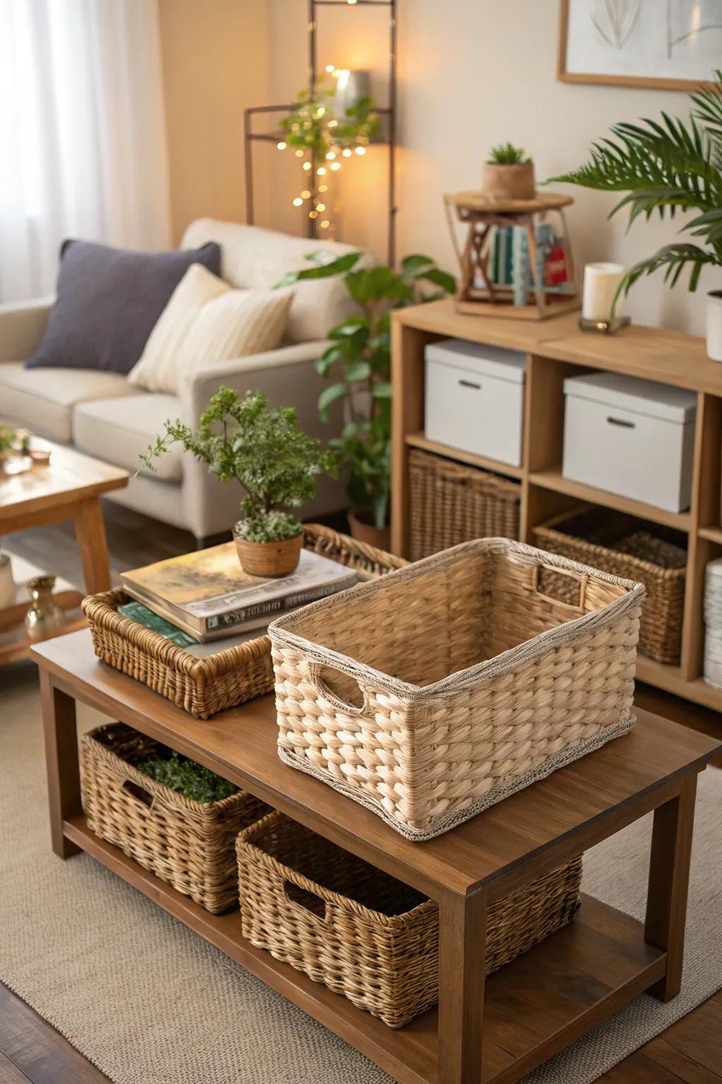 Wicker baskets provide stylish storage solutions to organize a living room.
