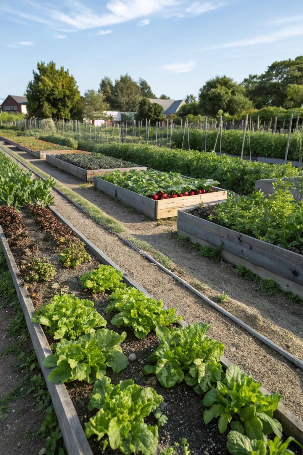 A productive vegetable patch benefiting from well drained soil close to a French drain.