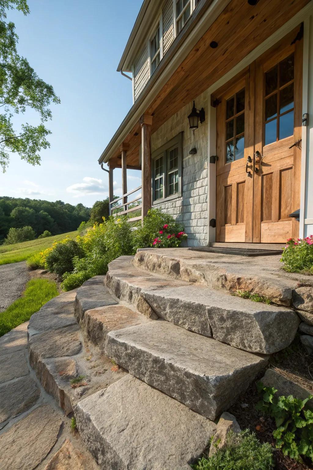 Homespun granite steps for countryside charm.