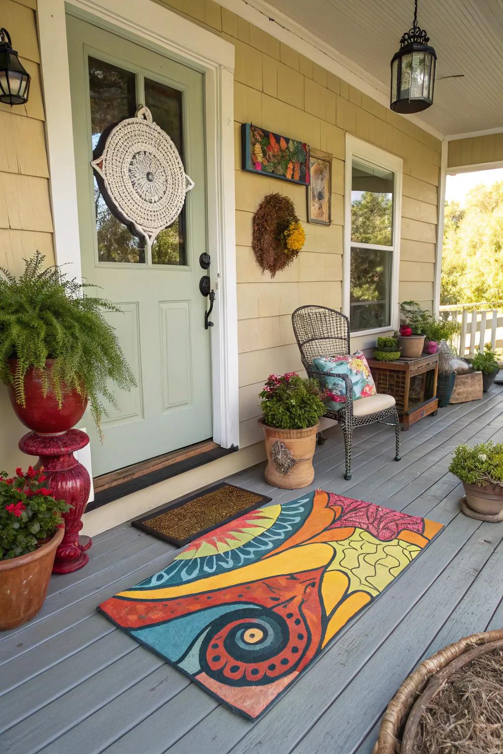 A painted doormat displaying abstract art.