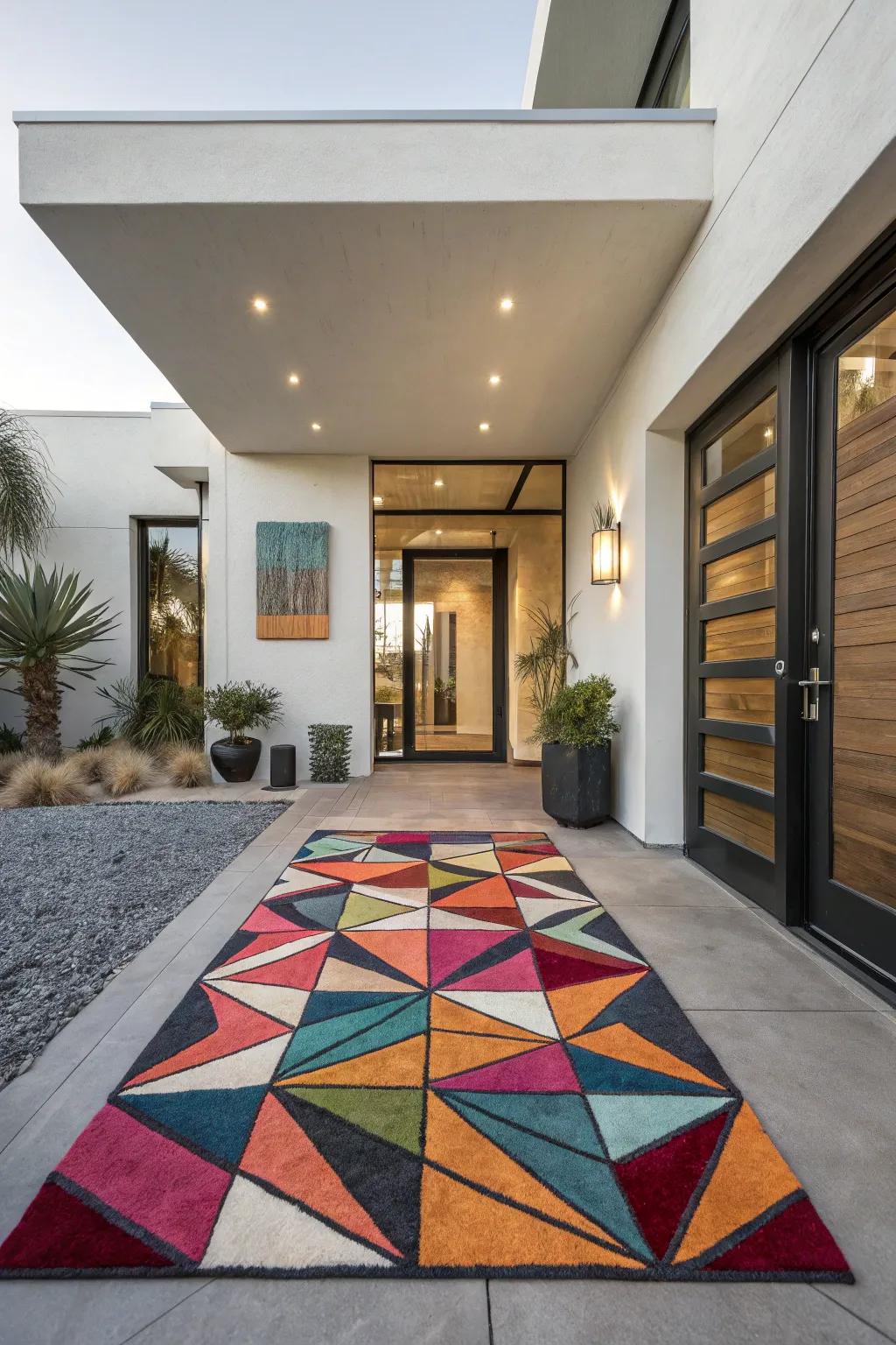 Abstract designs introduce a contemporary artistic vibe to entryways.