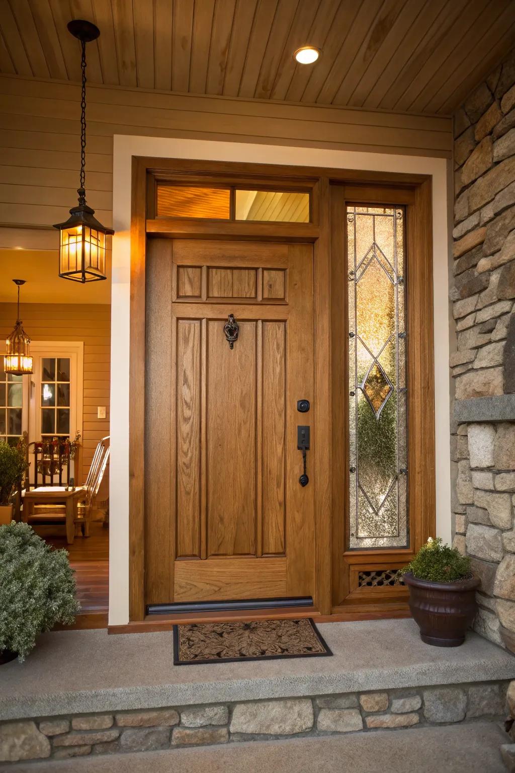 Comforting woodgrain textures create an inviting and cozy entryway.