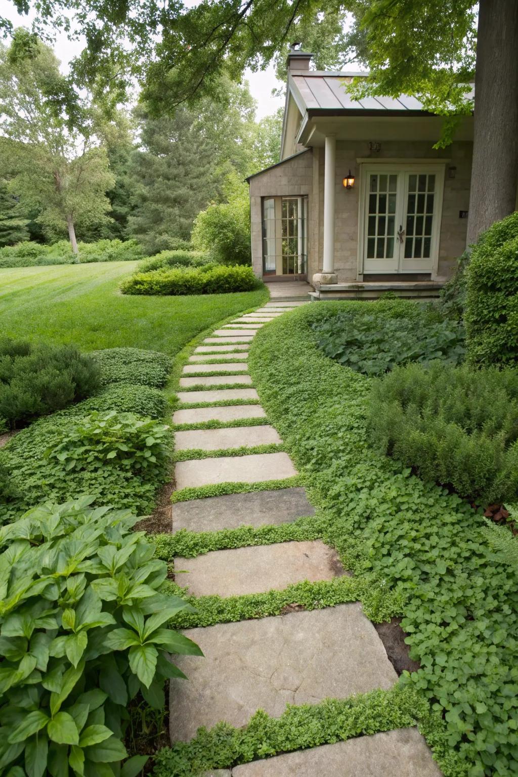 Stepping stones present a simple, elegant path across greenery.