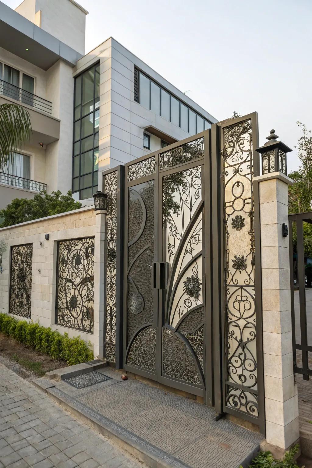 Artistic alloy work transforms gates into creative statements.