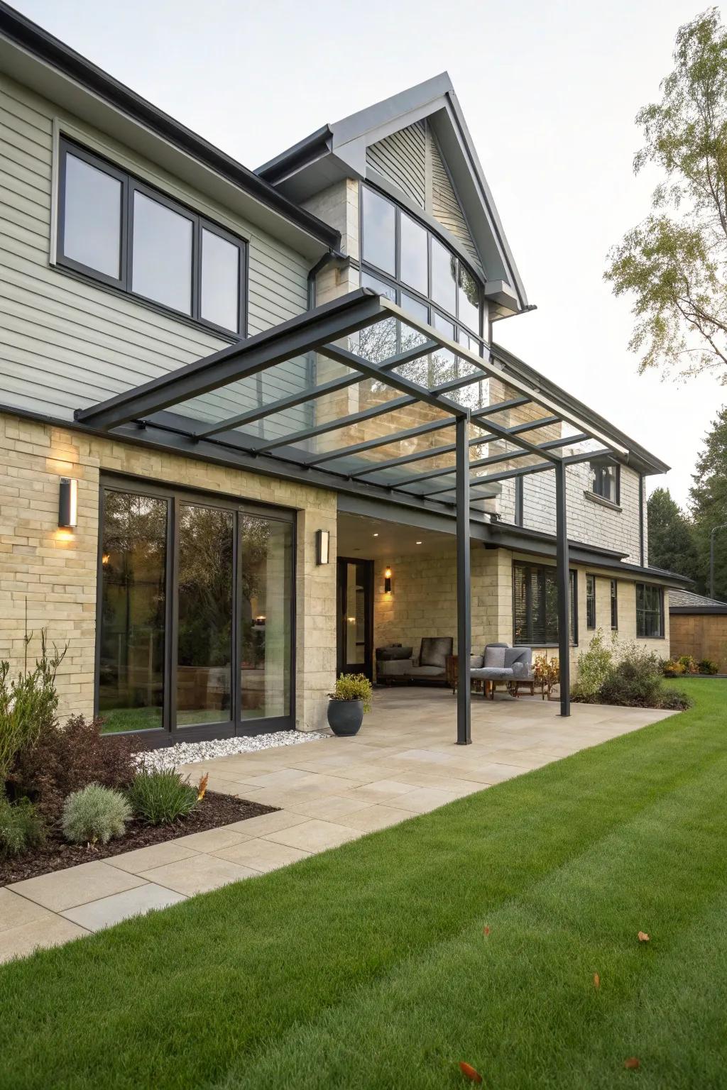 A sleek overhang adds modern elegance to the entrance.