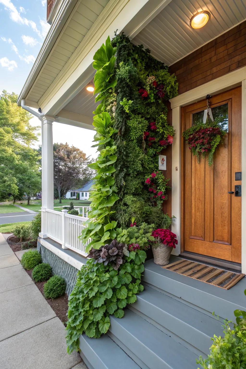 A lush vertical garden introduces greenery without taking up space.