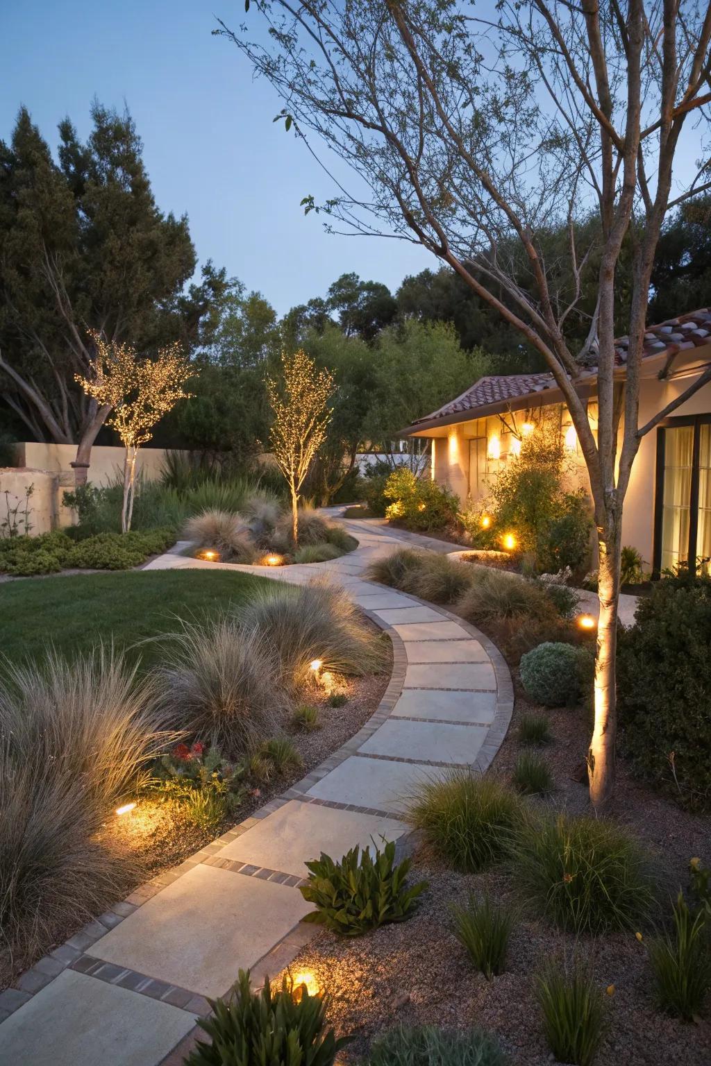 Ambient lighting enhancing the beauty and safety of a xeriscaped yard.